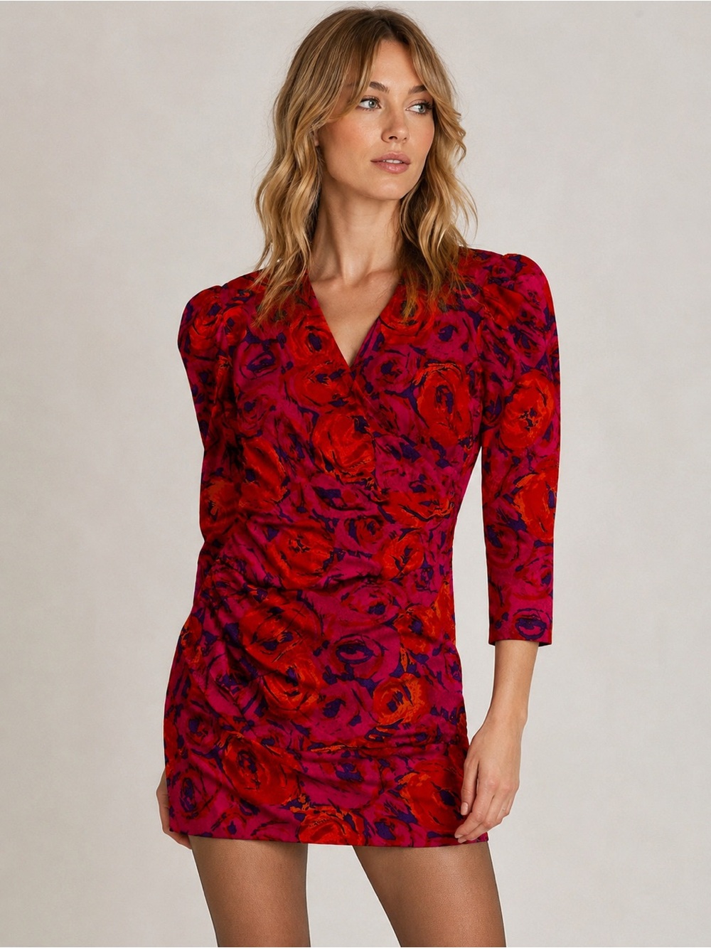 Flora Kung Vintage Silk Red and Pink Floral Wrap-Front Mini Dress‎ size S
